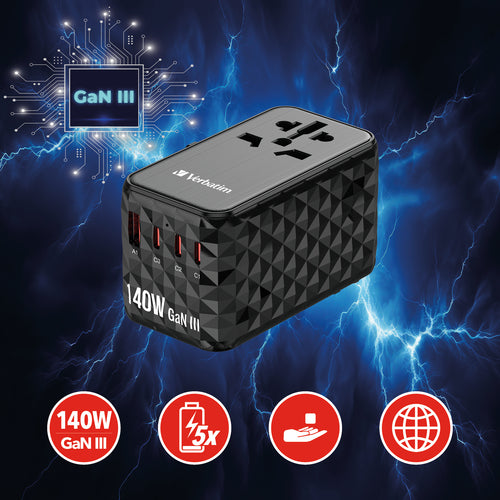 VERBATIM 140W TRAVEL ADAPTER GAN UNIVERSAL ADAPTER USB-C USB-A