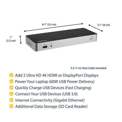 DUAL MONITOR USB C DOCK 60W POWER DELIVERY 4K DOCKING STATION