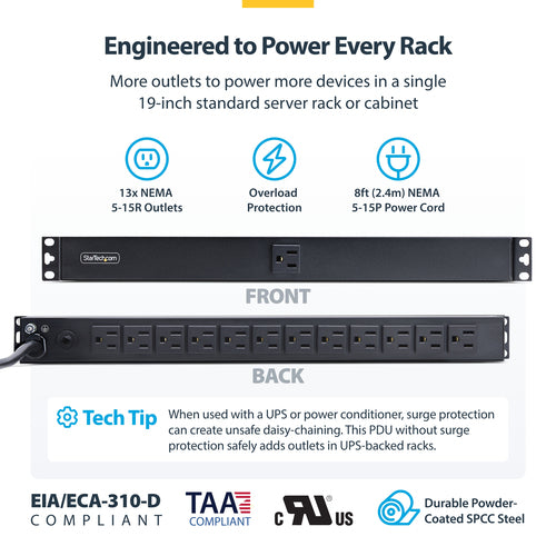 13-OUTLET RACKMOUNT PDU - 1U SERVER POWER STRIP FOR 19IN RACK