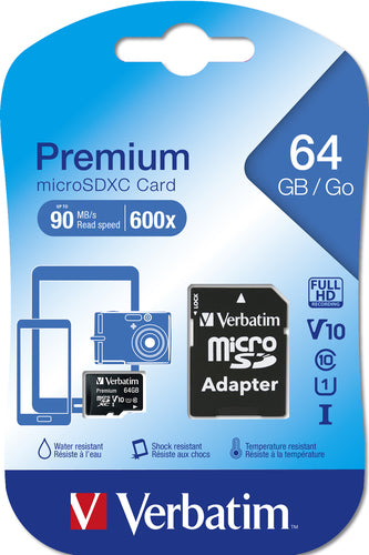 64GB PREMIUM MICROSDHC MEMORY CARD W/ADAPTR UHS-I V10 U1 CLASS 10 (44084)