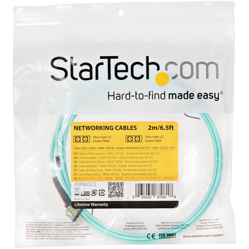 2M OM4 FIBER OPTIC CABLE LC/LC FIBER MULTIMODE PATCH CABLE - AQUA (450FBLCLC2)