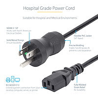 HOSPITAL GRADE POWER CORD NEMA 5-15P TO C13 POWER SUPPLY CABLE 3FT