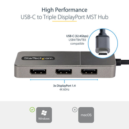 USB-C TO TRIPLE DP MST HUB DISPLAYPORT 1.4 4K 60HZ 1FT CABLE (MST14CD123DP)