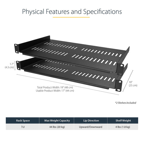 2-PACK 1U SERVER RACK SHELF - VENTED RACKMOUNT TRAY 44LB/10IN