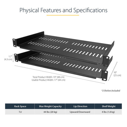2-PACK 1U SERVER RACK SHELF - VENTED RACKMOUNT TRAY 44LB/10IN