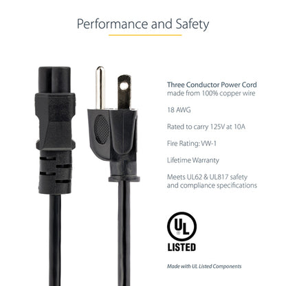 6FT 3PIN LAPTOP POWER CORD NEMA 5-15P TO C5 NOTEBOOK ADAPTER CABLE