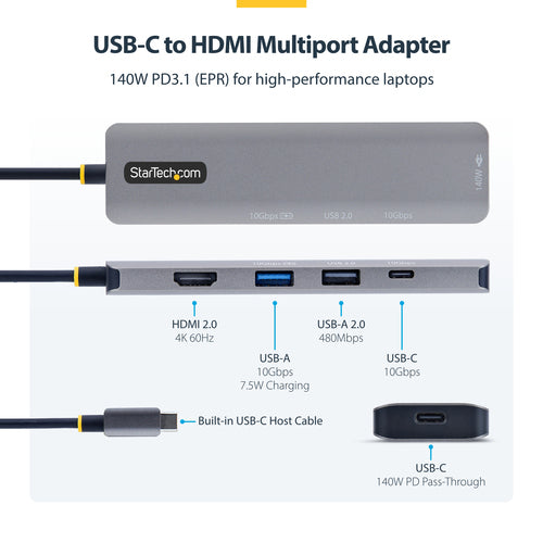 USB-C HDMI MULTIPORT HUB - 140W PD CHARGING 4K 60HZ 10GBPS