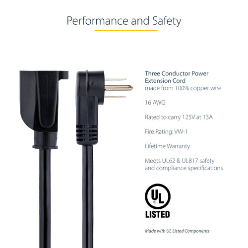 1FT POWER EXTENSION CORD RIGHT ANGLE NEMA 5-15P TO 5-15R FLAT PLUG