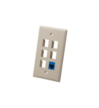 FACEPLATE, FLAT, 1-GANG, 6-PORT, IVORY