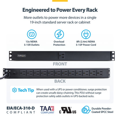 13-OUTLET RACKMOUNT PDU - 1U SERVER POWER STRIP FOR 19IN RACK