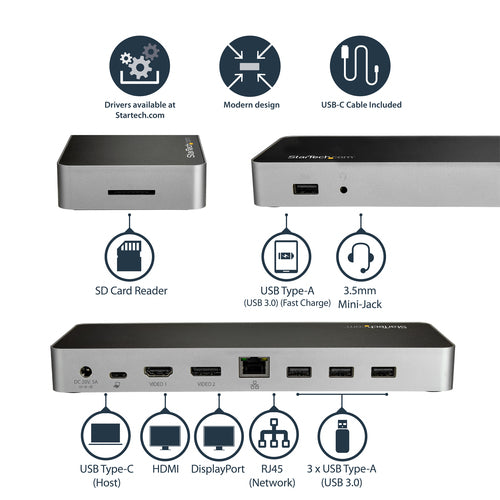 DUAL MONITOR USB C DOCK 60W POWER DELIVERY 4K DOCKING STATION