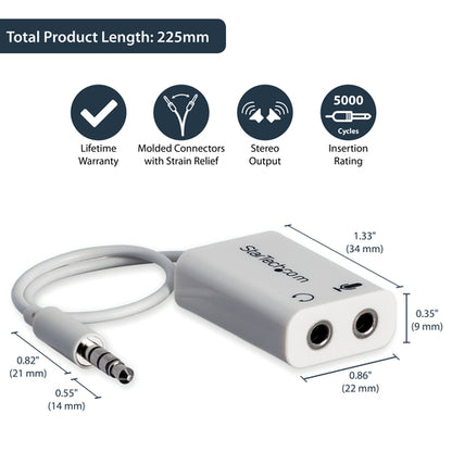 HEADPHONE MICROPHONE SPLITTER WHITE - 4 PIN TO 2X 3 PIN 3.5MM