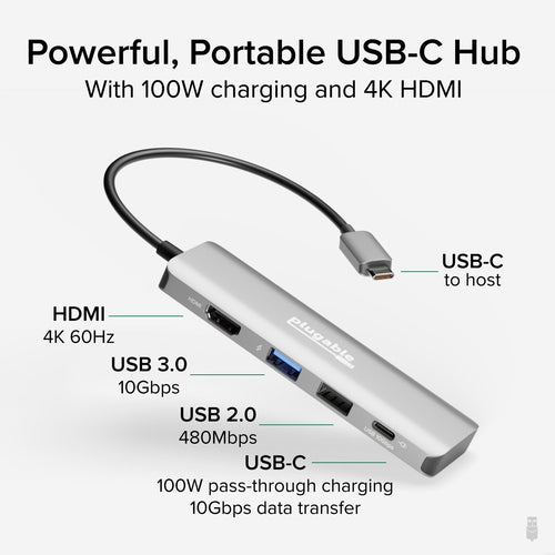 PLUGABLE USB-C 4-IN-1 HUB HDMI USB-C 4-IN-1 HUB 100W PASS-THROUGH
