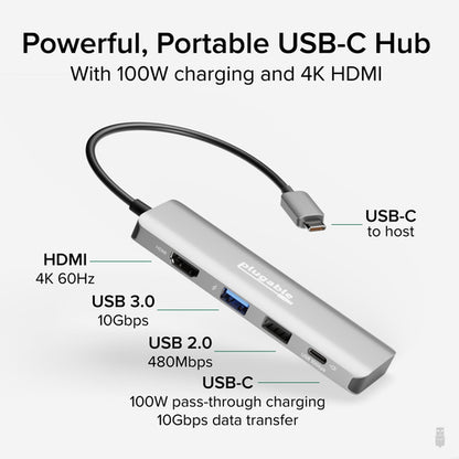 PLUGABLE USB-C 4-IN-1 HUB HDMI USB-C 4-IN-1 HUB 100W PASS-THROUGH