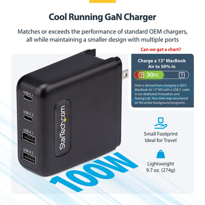 100W USB-C WALL CHARGER GAN POWER ADAPTER 2X USB-C/2X USB-A (2210GN-WALL-CHARGER)
