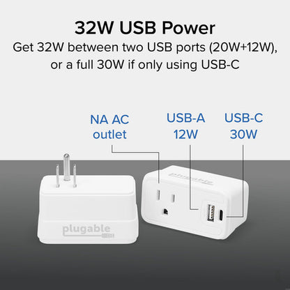 PLUGABLE 32W USBC USB CHARGER 32W USB-C USB-A AC OUTLET CHARGER