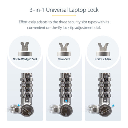 UNIVERSAL LAPTOP LOCK 6.6FT 3-IN-1 LOCKING SECURITY CABLE