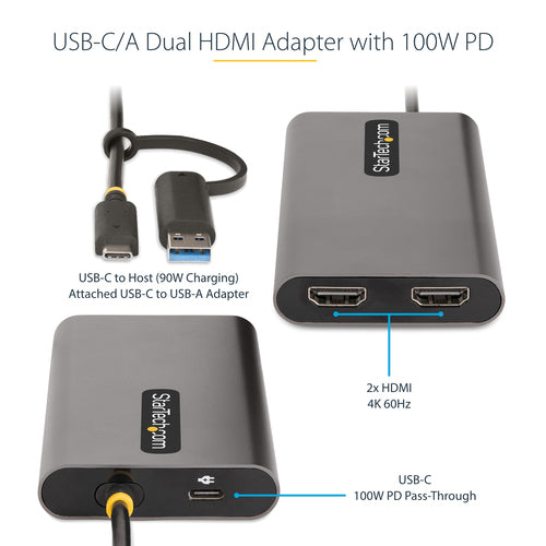 USB-C TO DUAL-HDMI ADAPTER - USB TO HDMI CONVERTER 4K 60HZ PD
