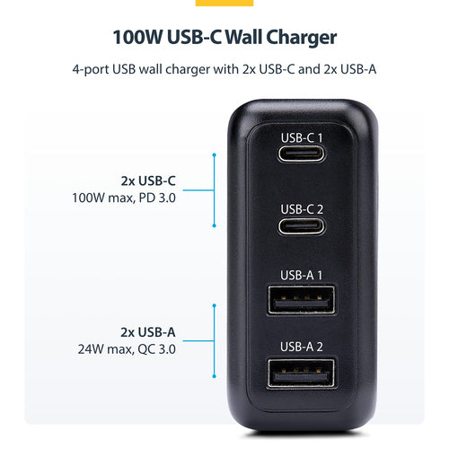 100W USB-C WALL CHARGER GAN POWER ADAPTER 2X USB-C/2X USB-A (2210GN-WALL-CHARGER)