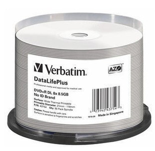 50PK DVD+R DL 8X 8.5GB WHITE WIDE THERMAL PRINTABLE SPINDLE (43754)