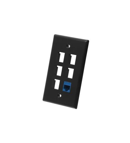 FACEPLATE, FLAT, 1-GANG, 6-PORT, BLACK