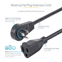 10FT POWER EXTENSION CORD NEMA 5-15P TO 5-15R ROTATING FLAT PLUG
